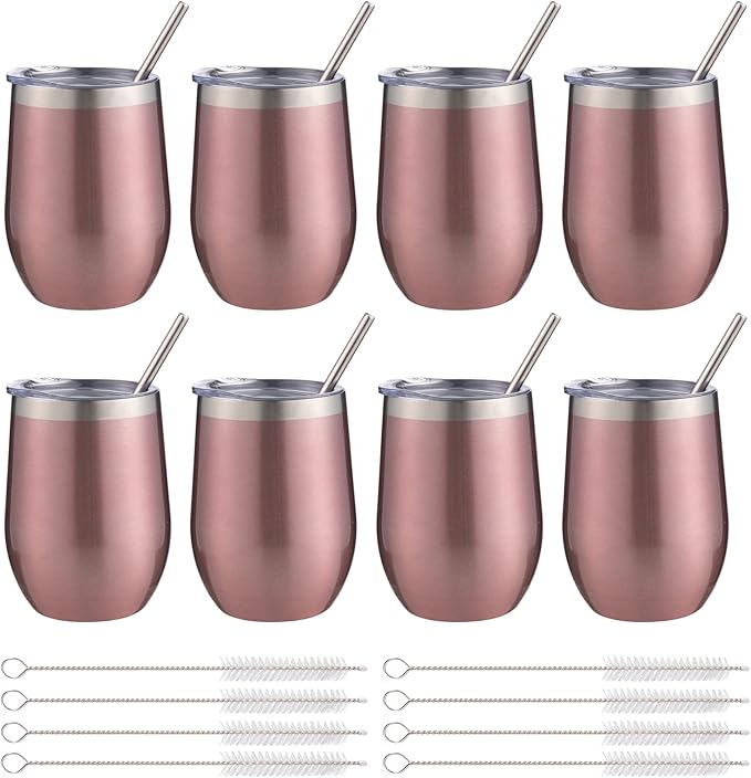 12 oz Insulated Wine Tumbler with Lid and Straw,Stainless Steel Stemless Wine Tumbler Glasses Double Wall Vacuum Wine Cups Tumbler Bulk for Champaign,Cocktail,Office(Rose Gold,8) - Bloomnest
