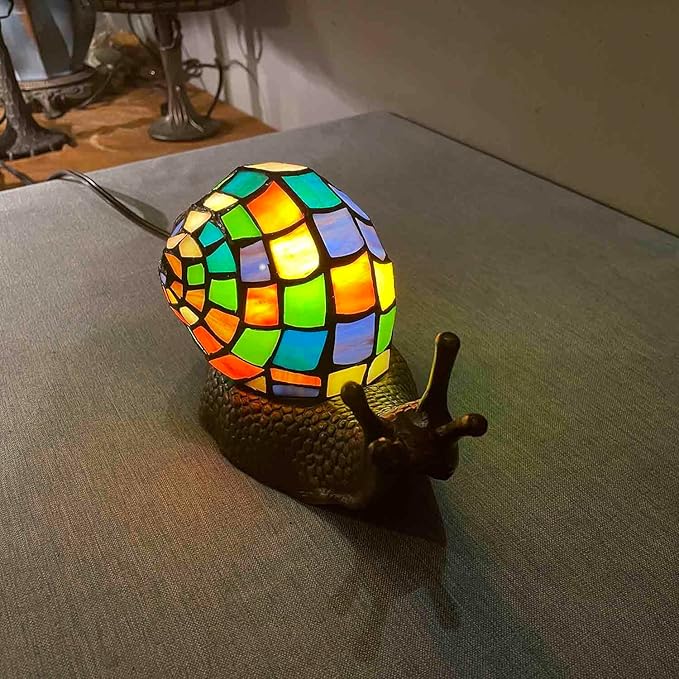 Bieye L13003 Land Snail Tiffany Style Stained Glass Accent Table Lamp for Home Decoration (Multicolor, 10" D x 5" W x 5" H) - Bloomnest