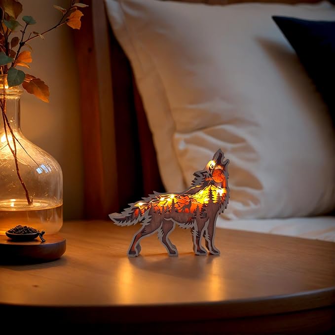 3D Wood Carving Animals Lamp Home Decorative, Cute Bear Family Elephant Presents Ideas Christmas Living Room Office Decor Warm LED Night Lights Gift for Friend Daughter Son Mom Dad (Wolf) - Bloomnest