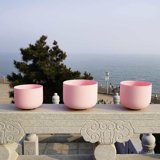 Hye-eun 432HZ Crystal Singing Bowls Set，7-11 Inch 3pcs Frosted Pink Quartz Chakra Bowl for Meditation Sound Healing with Travel Carry Case Bag Yoga Meditation Healing Sound Therapy (7"A 9"E 11"D) - Bloomnest