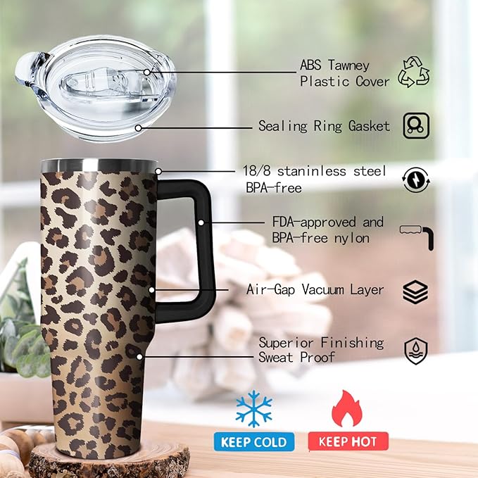 Ceovfoi 40 Oz Tumbler With Handle, Leopard Print Cheetah Coffee Travel Mug Cup, Water Bottle, Decor, Gifts for Women - Bloomnest
