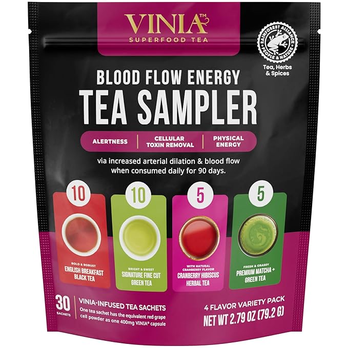 VINIA Tea Sampler, 4 Flavor Variety Pack. Made with Organic Teas, Infused with Piceid Resveratrol for Heart Health, Nitric Oxide, Physical Energy, Alertness, Blood Flow, Keto, Kosher, NON-GMO. 30 Ct - Bloomnest