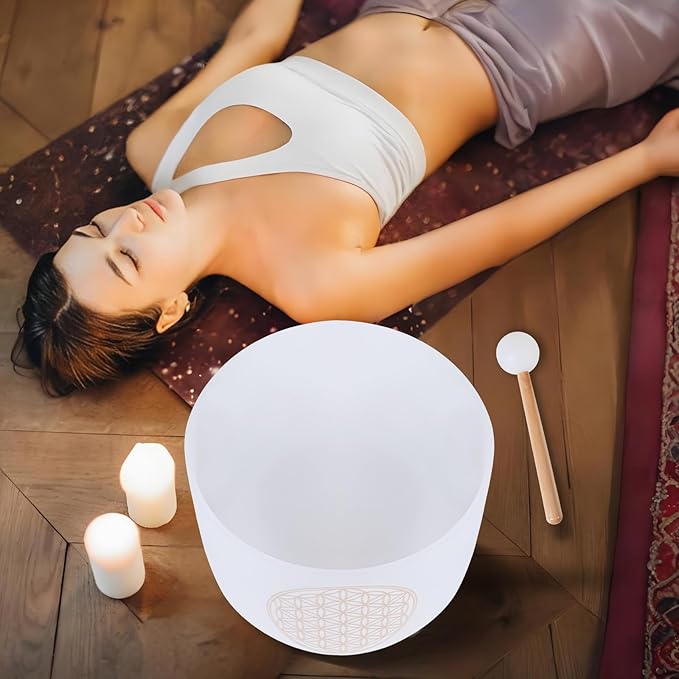 Singing Bowls 528hz C Note 8-Inch Flower Of Life Crystal Singing Bowl With A Free Mallet And O-Ring For Sound Healing, Meditation, Yoga, And Sound Baths