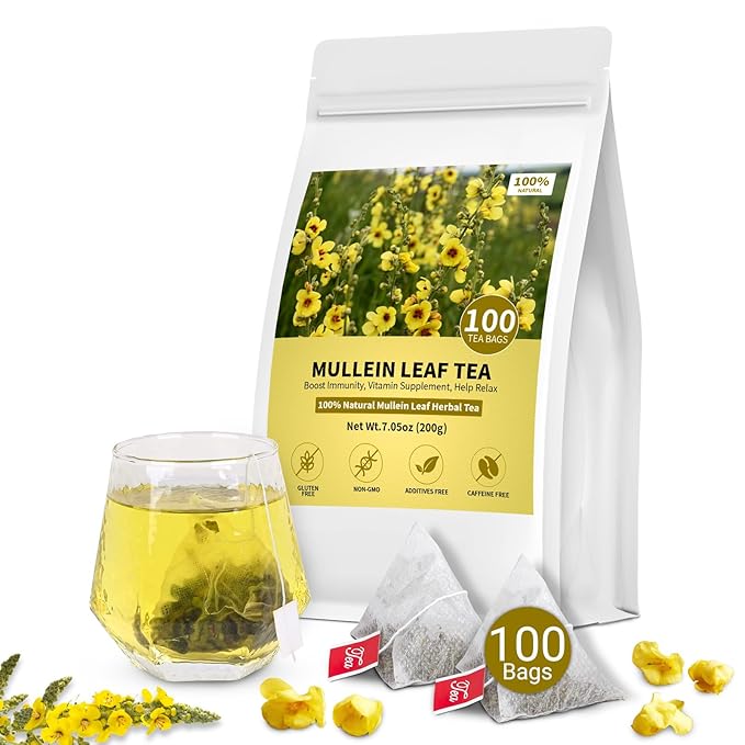Mullein Tea Bags for Lungs, 100% Pure Mullein Leaf Tea for Lungs Cleanse and Respiratory Support, Caffeine Free, No Additives, Non-GMO (1 Pack/100 Bags) - Bloomnest