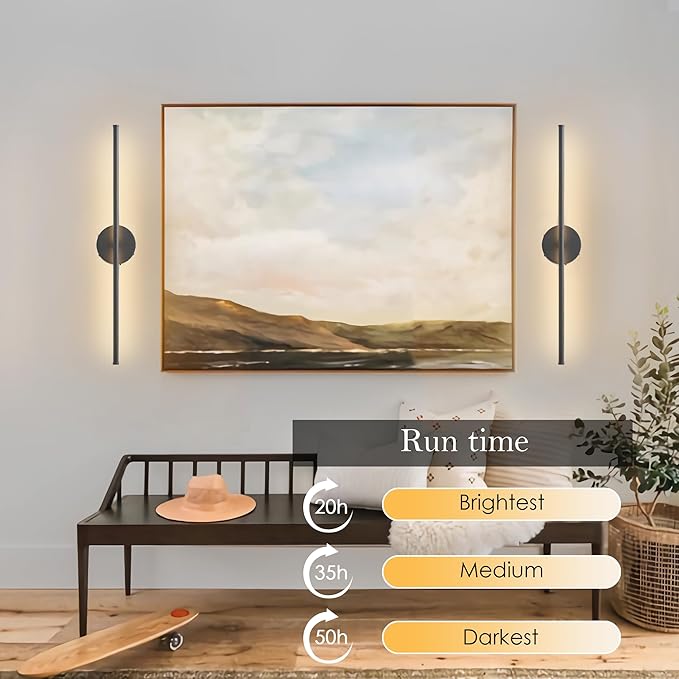 Battery Operated Wall Sconces Set of Two, with Remote Control, Dimmable, Warm White/Natural White/Daylight/RGB, 350°Rotate, LED Black Wireless Wall Light for Living Room, Bedroom, 24.4 Inch - Bloomnest