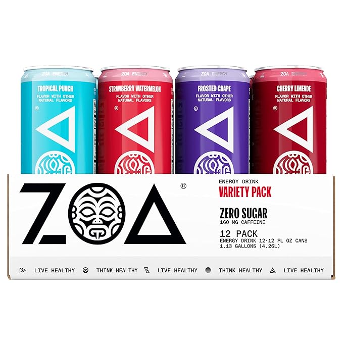 ZOA Zero Sugar Energy Drinks, Variety Pack - Sugar Free with Electrolytes, Healthy Vitamin C, Amino Acids, Essential B-Vitamins, and Caffeine from Green Tea - 12 Fl Oz (12-Pack) - Bloomnest
