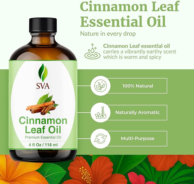SVA Cinnamon Leaf Essential Oil – 4 Fl Oz – 100% Natural Cinnamon Oil - for Diffuser, Hair Care, Face, Skin Care, Aromatherapy, Scalp and Body Massage, Soap and Candle Making – with Dropper - Bloomnest