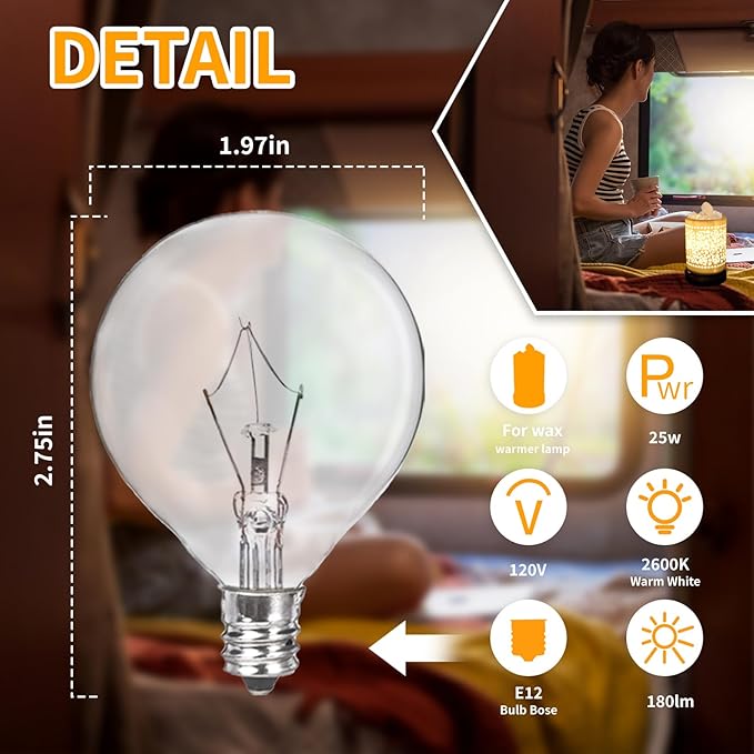 8 Pack 25 Watt Wax Warmer Bulbs Replacement Light Bulb for Full Size Scentsy Warmer 120V G50 E12 Incandescent Standard Base for Indoor Outdoor Patio String Lights - Bloomnest