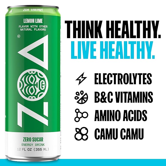 ZOA Energy Sugar Free Energy Drinks With Electrolytes For Hydration, Lemon Lime - 12 Fl Oz (12-Pack) - Bloomnest
