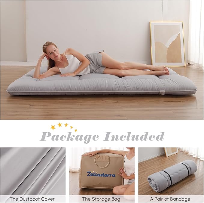 Japanese Floor Mattress, Futon Mattress with Storage Bag and Washable Cover, Roll Up Tatami Mat Suitable for Guest Room, Grey, Queen - Bloomnest