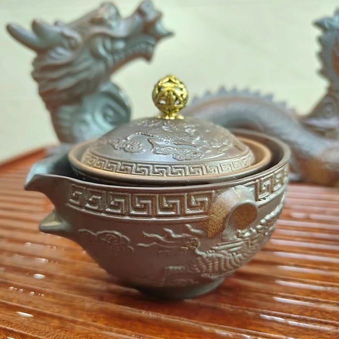 Chinese Gongfu Tea Set Gift Box, Chinese Dragon Shape, Pure Hand Firing, with 360Rotating Teapot and Infuser, Suitable for Office, Home, Gift (Dragon Legend)