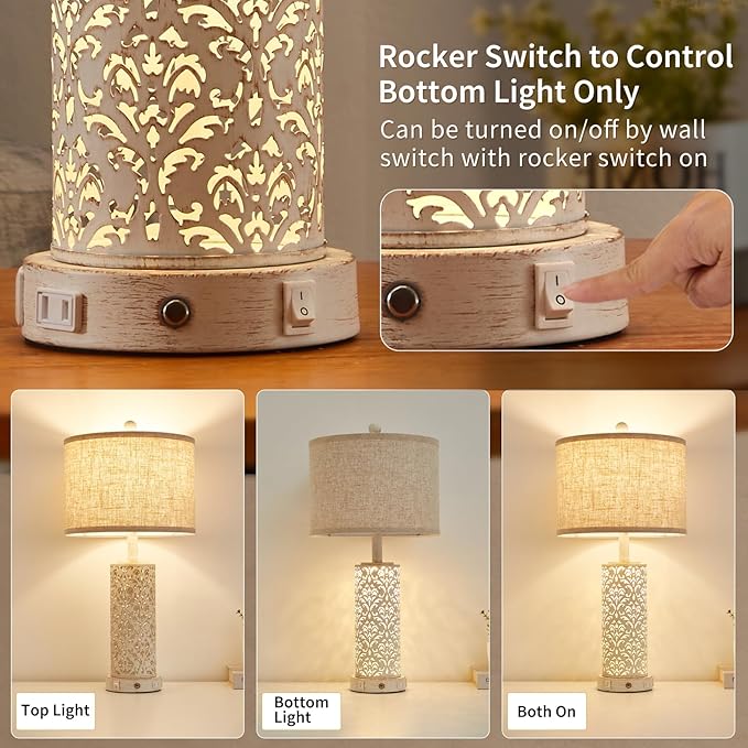 26" Set of 2 Farmhouse Table Lamp, 3-Way Dimmable Touch Control with Nightlight, 2 USB Ports + AC Outlet Vintage Rustic Bedside Lamp for Living Room Bedroom and Nightstand (White-2 Pack) - Bloomnest