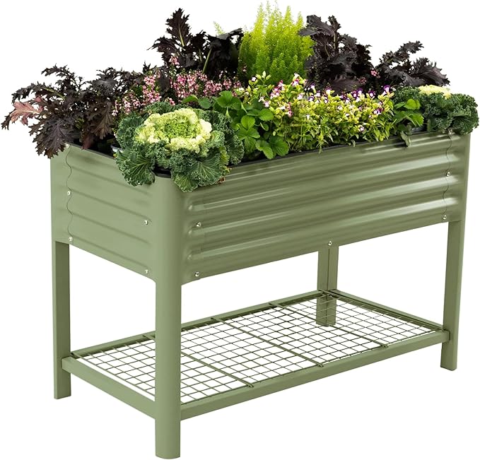 Elevated Raised Garden Bed-V Series, 2' x 4' Garden Beds with Legs & Storage Rack for Patio Porch, 700 Lbs Weight Capacity, Outdoor Planter Boxes for Gardening Herbs Vegetables Flowers, Olive Green - Bloomnest