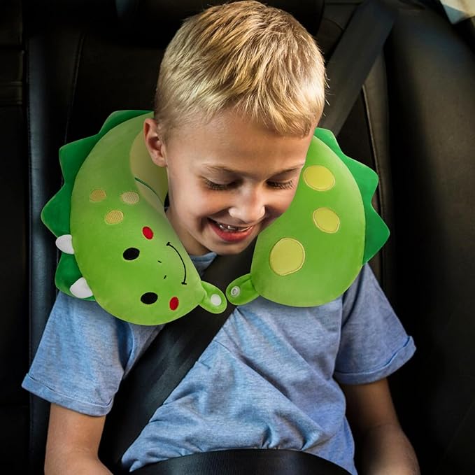 Travel Neck Pillow for Kids, Dinosaur Memory Foam Pillow with Cute Sleep Mask & Earplugs, Lightweight Travelling Pillow Set for Airplane, Car, Train, Bus and Home Use (Green) - Bloomnest