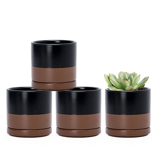 D'vine Dev Set of 4 Small Ceramic Plant Pots, 3.5 Inch Succulent Planter Pot for Plants with Drainage Hole and Saucer, Black/Speckled Tan, 94-X-A-7 - Bloomnest