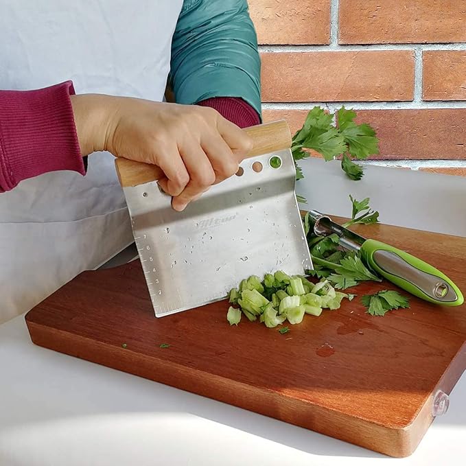 ALLTOP Dough Bench Scraper/Cutter/Chopper Stainless Steel Blade with Herb Stripper,Multipurpose Kitchen Pastry Tool with Scale Ruler - Leaf Remover - 1 Pack - Bloomnest