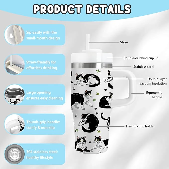 Cat Gifts for Kids - 14oz Cute Cow Cat Tumbler with Handle and Straw, Stainless Steel Insulated Water Cup, Leak Proof, for Sport, School, Travel - Cow Cats Lovers Children Birthday Gifts Cups(1pc) - Bloomnest