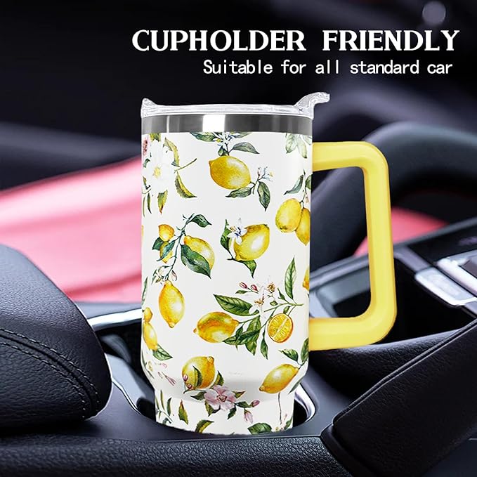 Ceovfoi 40 oz Lemon Print Stainless Steel Tumbler With Lid and Straw - Yellow Coffee Travel Mug Cup Water Bottle - Gifts for Lemon Lovers - Bloomnest