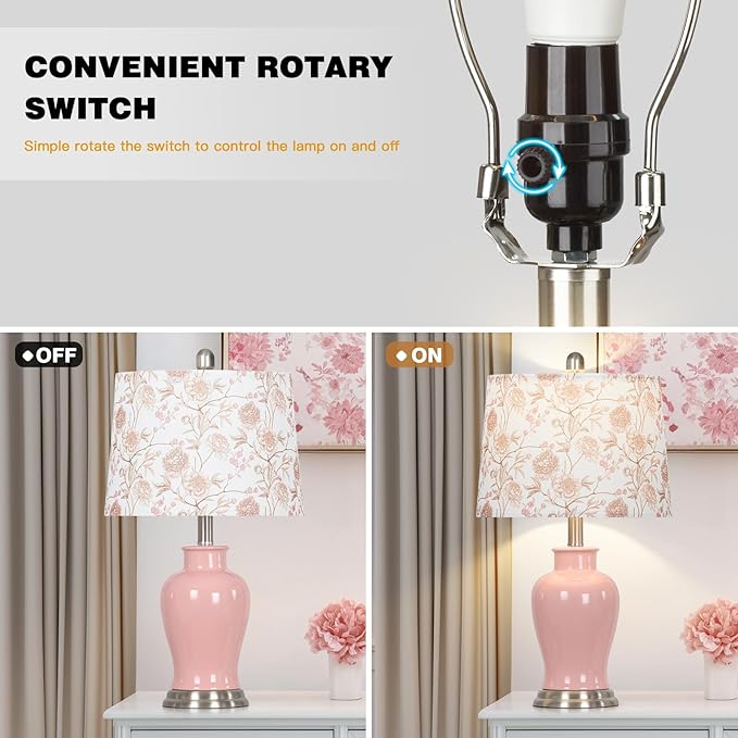 Pink Ceramic Table Lamp with Flower Lampshade, 23" Cute Bedroom Lamp with Ginger Jar Design, Modern Living Room Lamps Set 2, Elegant Bedside Lamps for Nightstand End Table Home Decor - Bloomnest