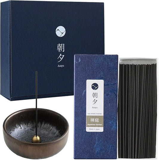 Asayu Japan Low Smoke Incense Gift Set with Incense Holder and Brass Stand, Japanese Garden Incense Sticks with Zen Holder - Bloomnest