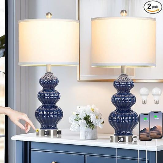 26" Blue Table Lamp Set of 2 with USB A+C Ports & AC Outlet, Ceramic Table Lamps Classic Beside Lamps Nightstand Lamp Modern Table Lamp for Living Room,LED Bulbs Included - Bloomnest