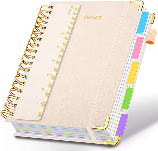 Hardcover Spiral Notebook 5.7"x 8.2" Journal Notebook with Tabs and Removable Dividers 300 Pages 5 Subject Notebook College Ruled, Faux Leather Spiral Bound Notebook for Women School Work(White) - Bloomnest