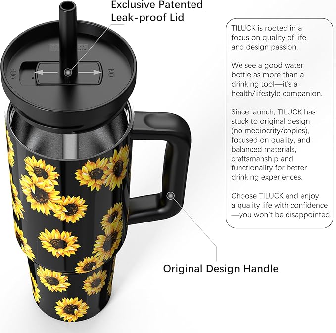 TILUCK 40 oz Tumbler with Handle, Vacuum Insulated Stainless Steel Travel Mug with 100% Leak-Proof Silicone Straw Lid, Cupholder Friendly Water Bottle(SunFlower, 40oz)