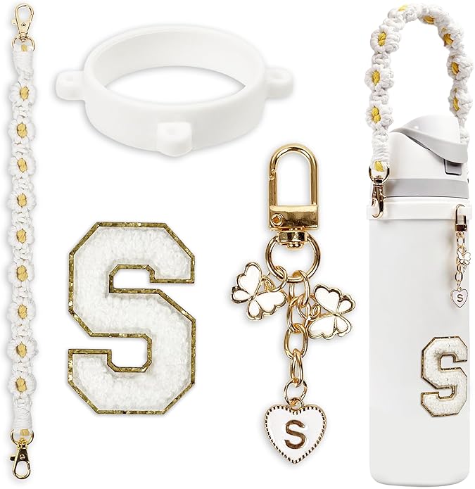 Compatible with Owala Water Bottle Accessories, Cute Letter Charm Set with Boho Handle Strap, Monogram Sticker, Silicone Ring, Keychain Decoration, for FreeSip 24 32 40oz, Owala Kids, Tumbler Gift SITKOL