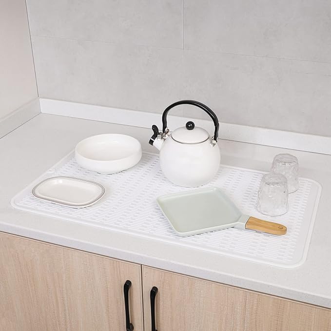 Silicone Dish Drying Mat for Multiple Usage,Easy clean,Eco-friendly,Heat-resistant Silicone Mat for Kitchen Counter or Sink,Refrigerator or Drawer Liner White 4XL 32 inches x 18 inches - Bloomnest