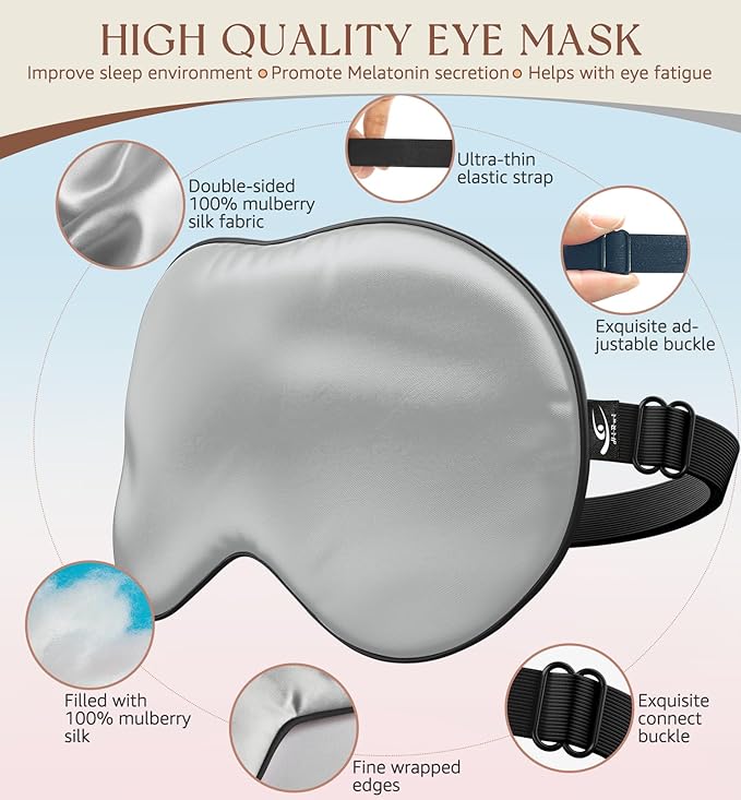 HiRui Silk Sleep Mask, 100% Natural Mulberry Silk of Double-Sided & Inner-Filling, Ultra-Smooth Soft, Adjustable Strap, Blocks Light for Night Sleeping, Travel, Office Naps (Gray) - Bloomnest
