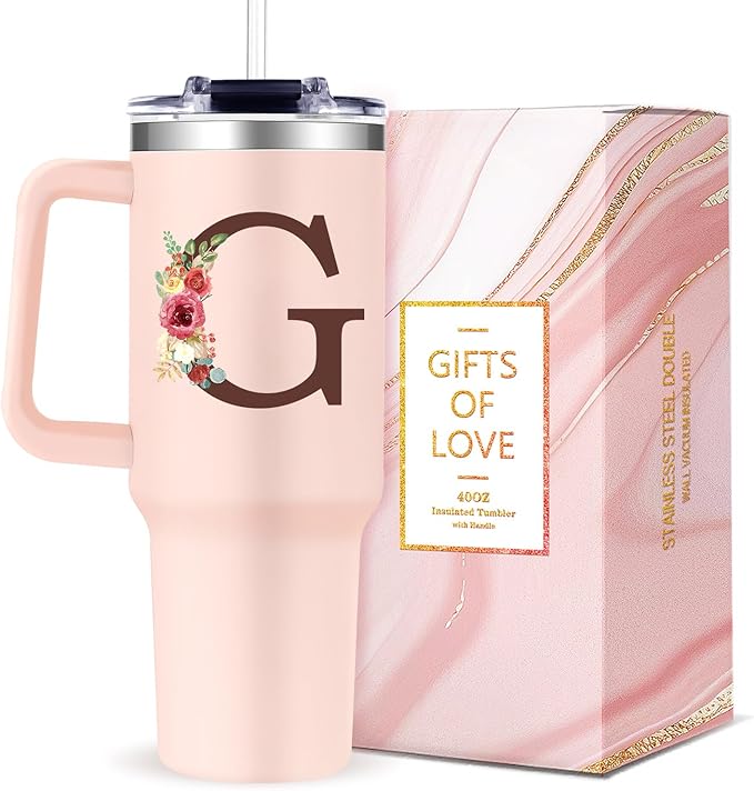 Monogrammed 40oz Tumbler with Handle for Women, Personalized Birthday Gifts for Women,Initial Cups for Woman Floral Letter G,Customized Gifts for Female Lady Gift for Mothers Day Christmas - Bloomnest