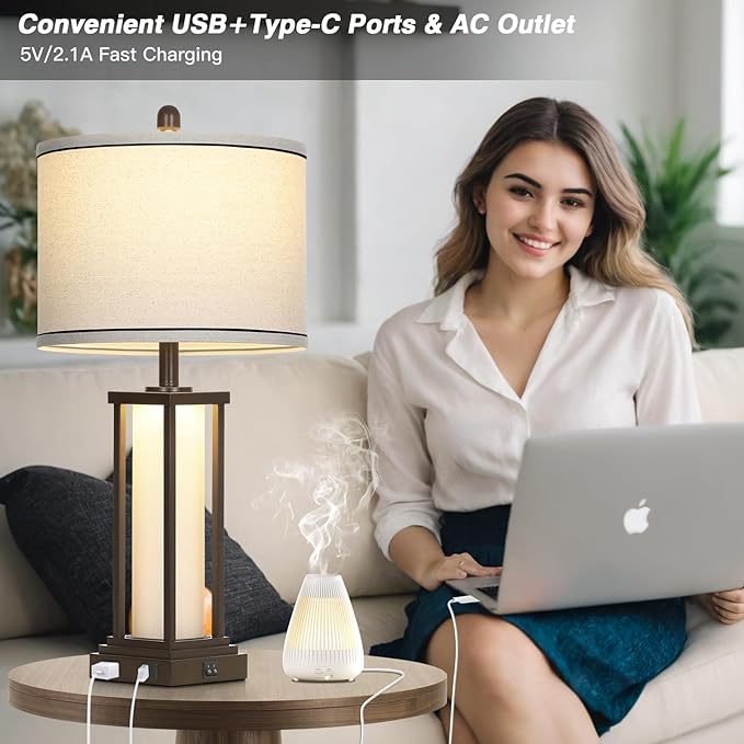 27" Tall Vintage Table Lamps with USB C+A & Outlet,Brown End Table Lamp Set of 2 for Living Room,Rustic Bedside Lamps with Frosted Glass Night Light for Bedroom Nightstand,Oil-Rubbed Bronze - Bloomnest