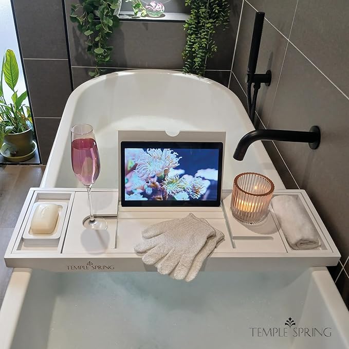 Temple Spring Wooden Bathtub Tray, Bamboo Bathroom Accessories, Bath Tray for Tub, at Home Spa Essentials, Board for Tub Table, Bath Caddy for Bathtub Accessories & Bathroom Essentials – White - Bloomnest