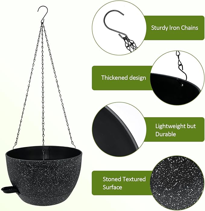 WOUSIWER Self Watering Hanging Planters, 2 Pack 12'' Plastic Pots with Drainage Holes & Reservoir Tray (Speckled Black) | Indoor & Outdoor Use for Ferns, Ivy, Herbs, Succulents - Bloomnest