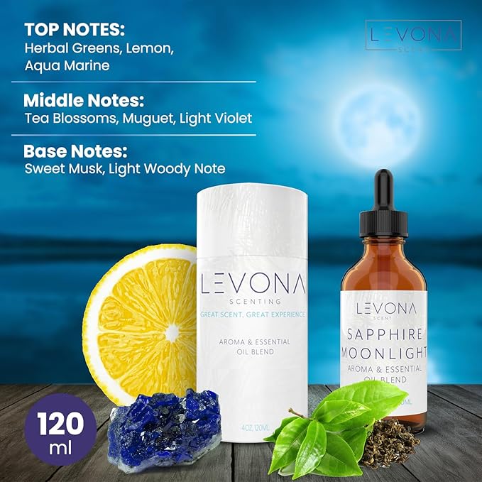 Levona Scent Essential Oils - Scents for Home, Hotel & Office Use - Perfect for Home Diffuser & Humidifiers - Aroma Fragrance Oil, Ideal for Massage, Relaxation, and Spa - Sapphire Moonlight, 120ml LEVONASCENT