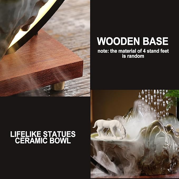 Horse Tabletop Fountain Indoor Waterfall Fountain Office Tabletop Water Fountain with Lights Backflow Incense Burner Ceramic Fountain Indoor Zen Decor for Home Office Yoga Meditation (Horse) - Bloomnest