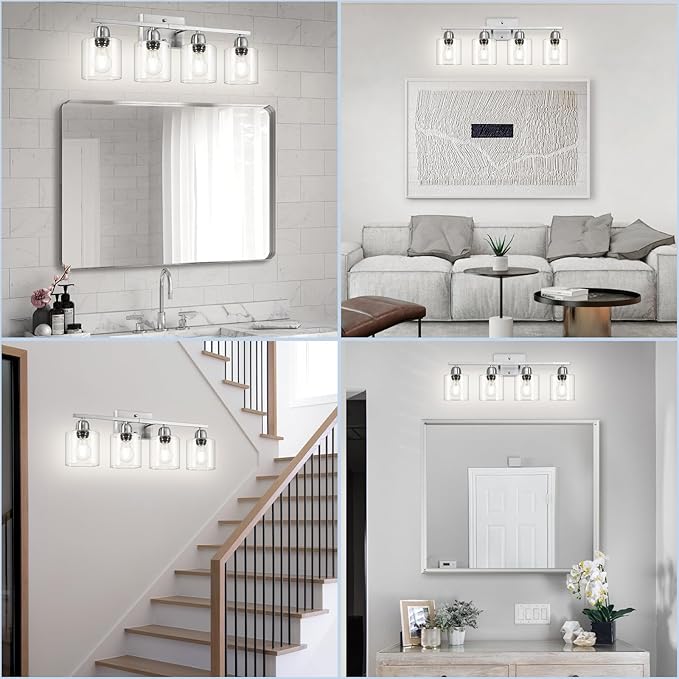 Modern Brushed Nickel 4 Light Bathroom Light Fixtures, 24 inch Vanity Lights for Bathroom with Clear Glass for Mirror Kitchen Living Room Hallway Cabinet Porch - Bloomnest