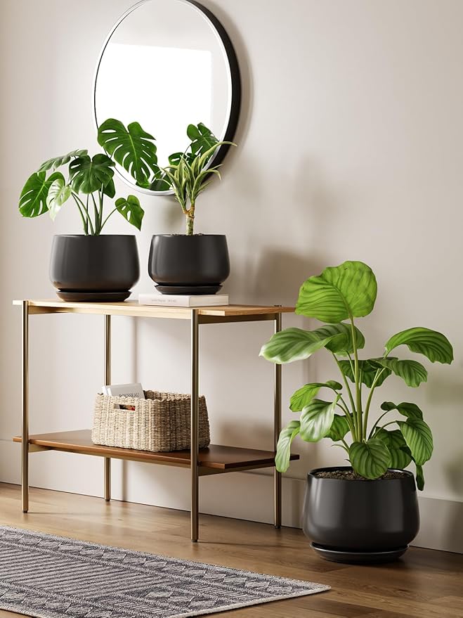 LE TAUCI Ceramic Planter, 10 Inch Plant Pot with Drainage Hole & Saucer – Durable Indoor Planter for Modern Home Decor, Black - Bloomnest