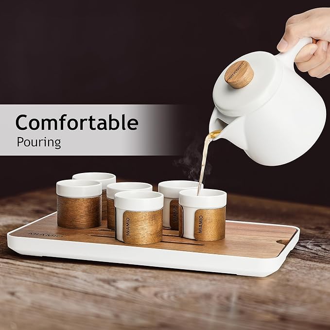 MIAMIO - Japanese/Chinese Tea Set 6 x 3.4 oz/Asian Tea Pot 21 oz with Tea Infuser, Traditional Japanese Tea Cups Set for Tea Lovers/Men/Women (White) - Bloomnest