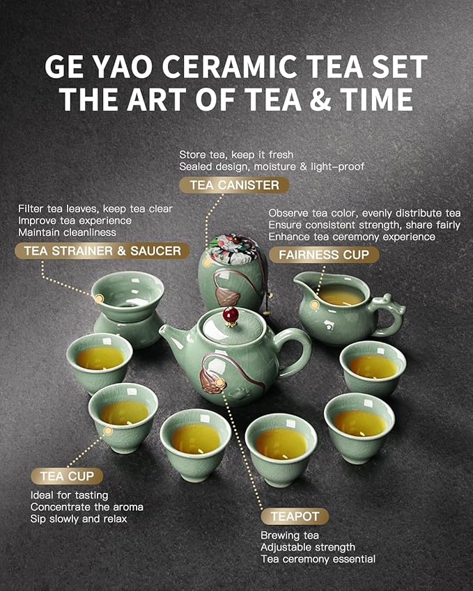 Traditional Chinese Tea Sets for Adults, Gongfu Teapot and Cups with Green Crackle Glaze, Lead-Free Ge Yao Porcelain Tea Set for Tea Party Ceremony Zen Meditation with Portable Gift Box - Bloomnest