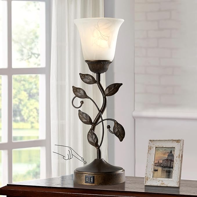 RORIANO Touch Bedside Table Lamp, Vintage Nightstand Lamp with 2 USB Ports for Living Room, 3 Way Dimmable Leaf Lamp Retro Table Lamp for Bedroom with White Glass Shade, LED Bulb Included - Bloomnest