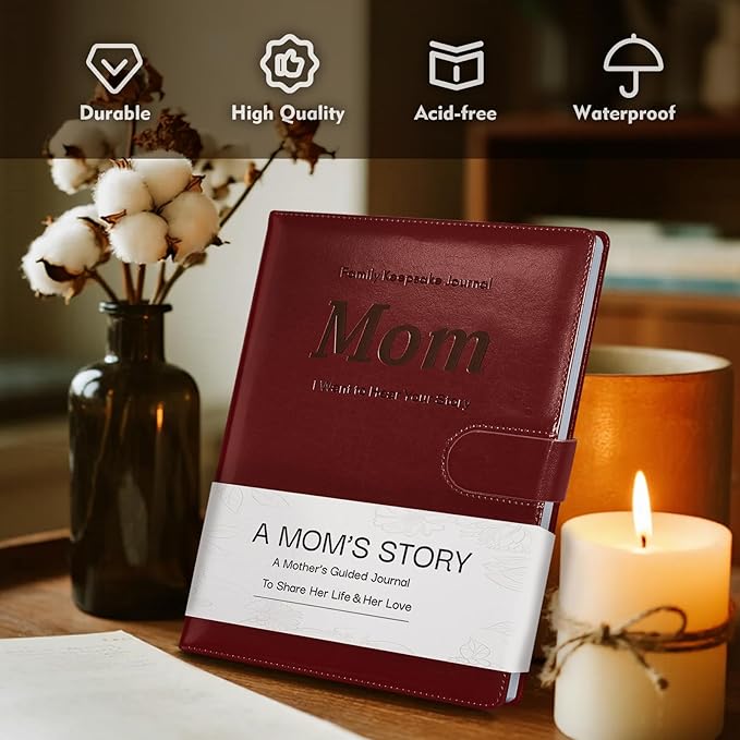 Artmag Mom's Life Story Journal with 250+ Prompt Questions, Family Keepsake Book Leather Cover for Mom to Share Her Memories for Birthday Mother's Day Christmas (Red) - Bloomnest