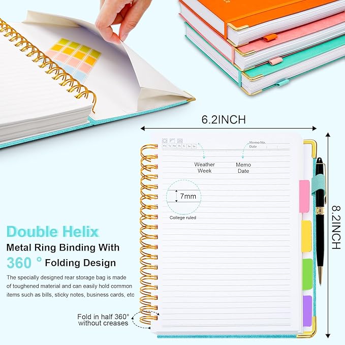 Hardcover Spiral Notebook 6.2"x 8.2" Journal Notebook with Tabs and Removable Dividers 300 Pages 5 Subject Notebook College Ruled, Faux Leather Spiral Bound Notebook for Women School Work (Blue) - Bloomnest