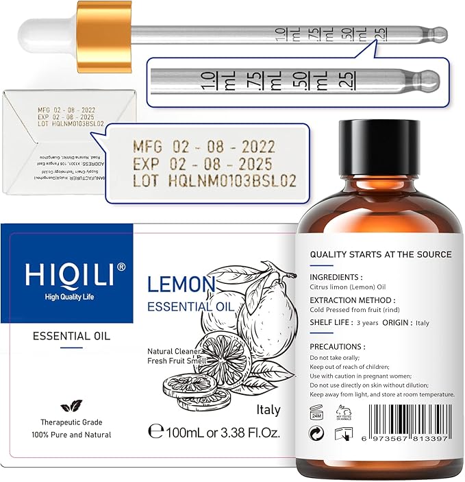 HIQILI Lemon Essential Oil, Household Cleaning, Air Purification, Skin Care, Can be Added to Cleansers, Sprays, Body Lotions Use - 3.38 Fl Oz/100ML - Bloomnest