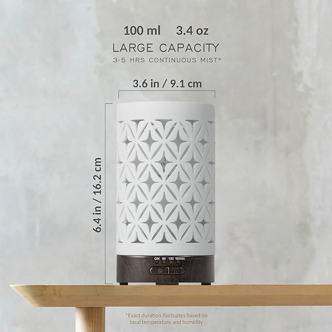 Earnest Living Essential Oil Diffuser for Home White Ceramic 100ml Aromatherapy Diffuser with 4 Timers 7 Night Lights and Auto Off Function (no Beep!) for Essential Oils Version 2 EarnestLiving