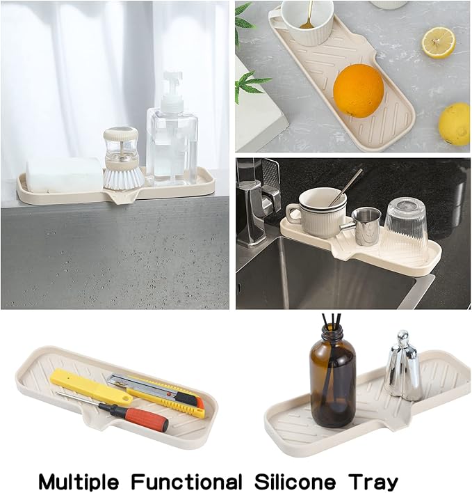 Silicone Bathroom Soap Dishes with Drain Spout-Bathroom and Kitchen Sink Organizer,Sponge Holder,Dish Soap Tray,Perfect for Dispenser,Scrubber,Bottle,Cup on Sink or Counter-Tapioca 12"×4" - Bloomnest