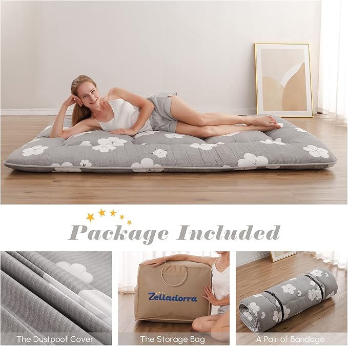 Japanese Floor Mattress Full, Futon Mattress with Storage Bag and Washable Cover, Roll Up Tatami Mat Suitable for Guest Room, Grey Cotton - Bloomnest