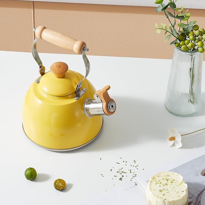 ROCKURWOK Tea Kettle, Tea Pot with Cool Touch Ergonomic Handle, Teapot Food Grade Stainless Steel, Tea Kettle Stovetop, Kettle Teapot, Whistling Tea Kettle, Small Tea Kettles, 1.6 Quart (Yellow) - Bloomnest