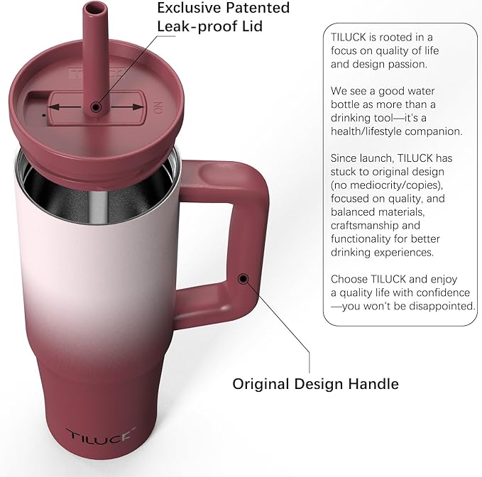 TILUCK 30 oz Tumbler with Handle, Vacuum Insulated Stainless Steel Travel Mug with 100% Leak-Proof Silicone Straw Lid, Cupholder Friendly Water Bottle(BurgundyGradient, 30oz)