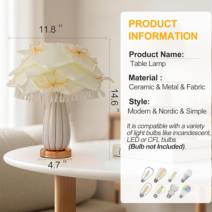 White Flower Girls Table Lamp Modern Princess Desk Lamp Cute Bow Bedside Lamp Nordic Nightstand Petal Light for Bedroom Valentines Dating Wedding Living Room Entry Office Study Room - Bloomnest